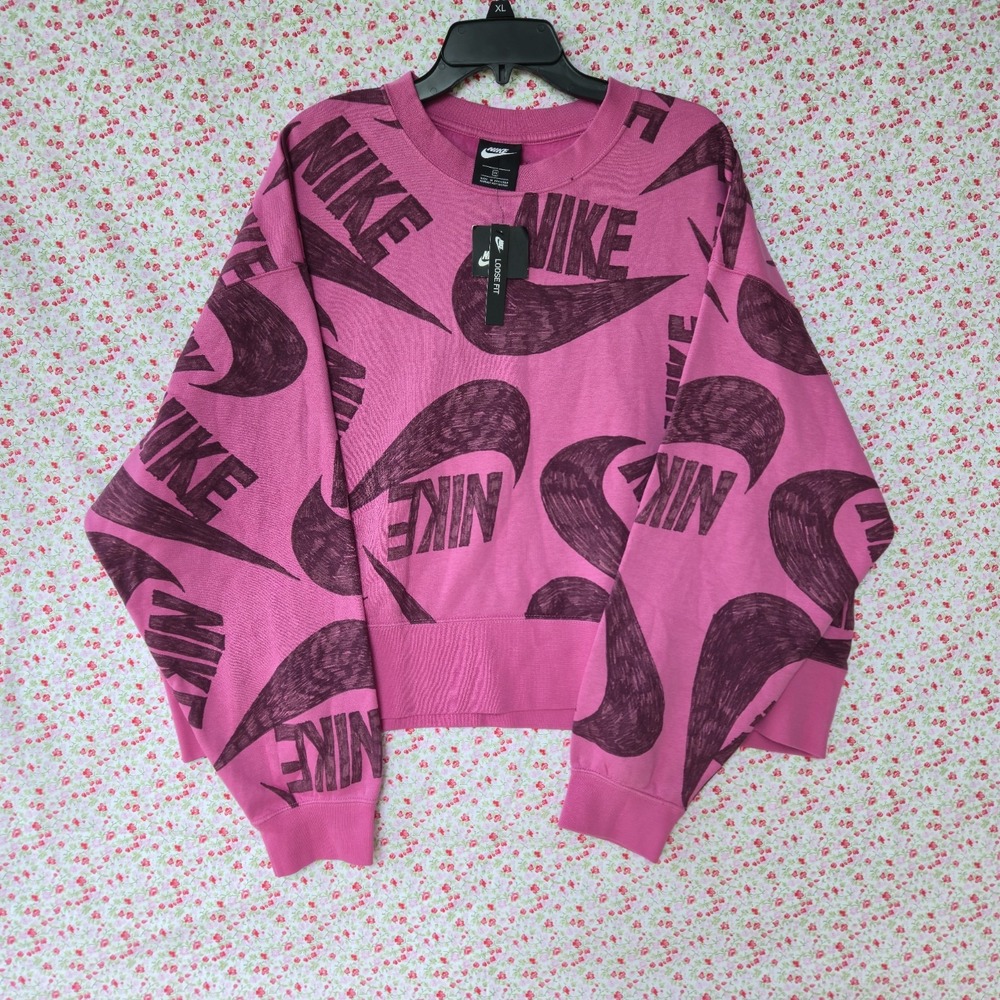 NWT Nike Womens Icon Clash Fleece Crop Crew Pullover Sweatshirt Pink Black 2X